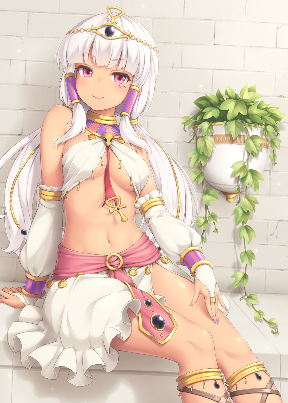 1girl, arm_support, bangs, bare_shoulders, blunt_bangs, blush, bracelet, breasts
