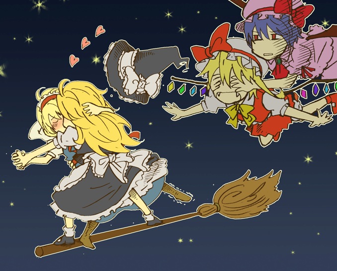bad_id, blonde_hair, blue_hair, broom, broom_surfing, broomsurfing, charin, couple, covering_eyes, flandre_scarlet, flying, hairband, hand_holding, hat, heart, holding_hands, kirisame_marisa, kiss, red_eyes, remilia_scarlet, short_hair, star, touhou, trembling, vampire, wings, witch_hat, yuri