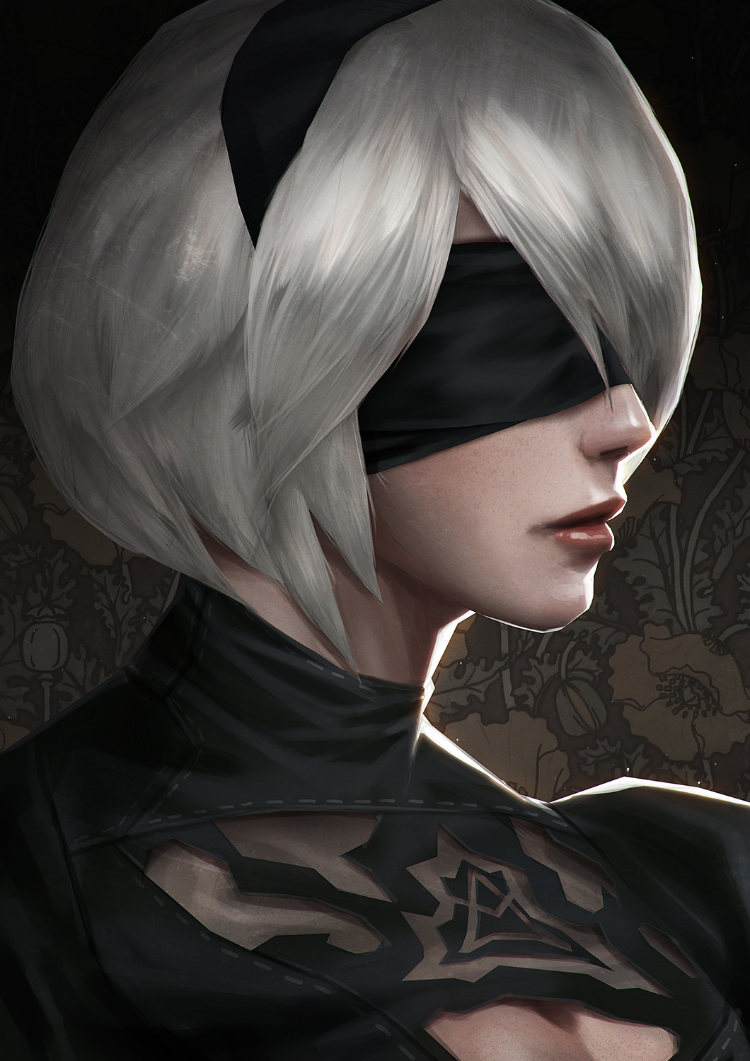 1girl, black_dress, black_hairband, blindfold, breasts, cleavage, cleavage_cutout, covered_eyes