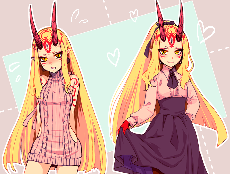 1girl, :d, arms_behind_back, bare_shoulders, blonde_hair, blush, dress, dual_persona