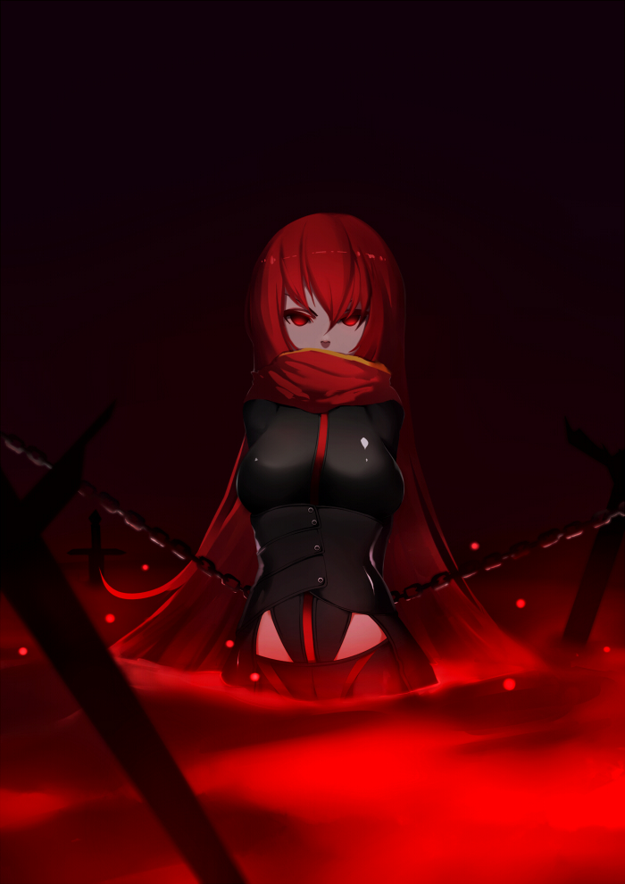 1girl, black_legwear, bodysuit, breasts, chains, dark_knight_(elsword), elesis_(elsword), elsword, leotard, long_hair, looking_at_viewer, medium_breasts, partially_submerged, red_eyes, red_scarf, redhead, scarf, solo, tokinori, very_long_hair