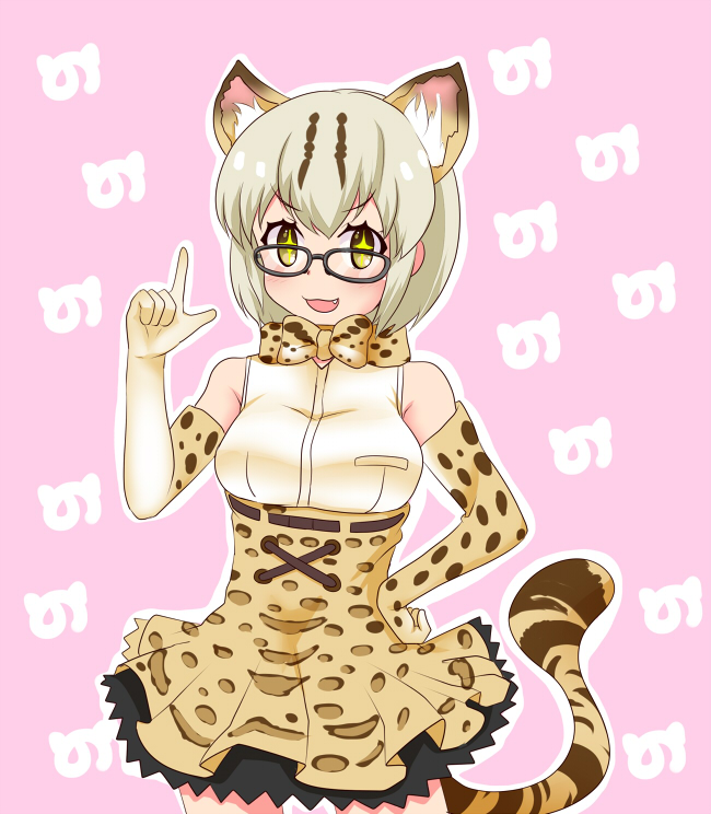 animal_ears, animal_print, bare_shoulders, black-framed_eyewear, bow, cat_ears, cat_tail, commentary_request
