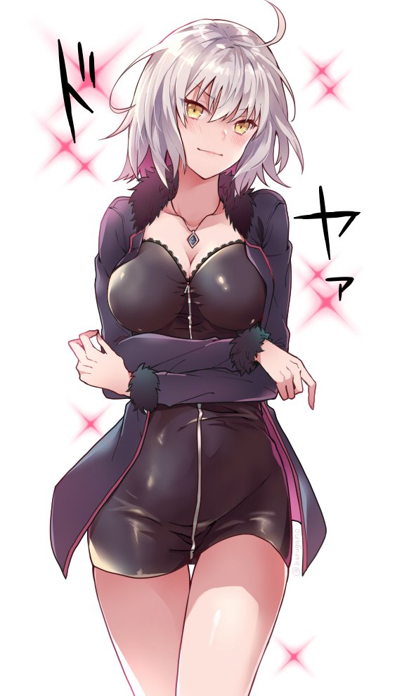 1girl, ahoge, blush, breasts, cleavage, collarbone, crossed_arms, dress