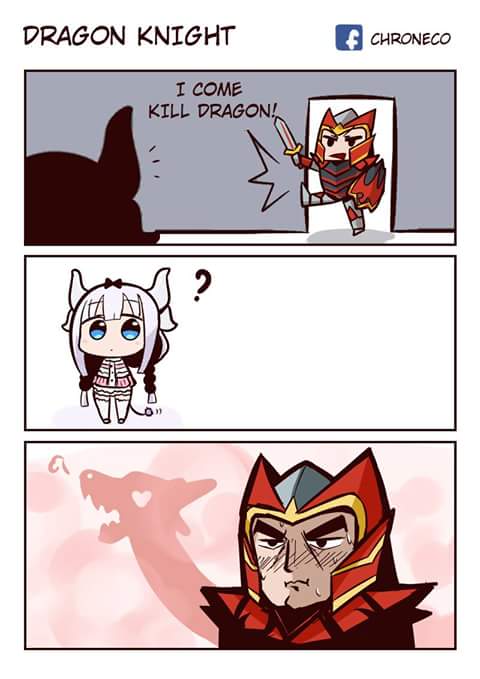 1boy, 1girl, 3koma, ?, armor, blush, chroneco, comic, davion, defense_of_the_ancients, doorway, dota_2, dragon, dragon_girl, dragon_horns, english, facebook, full_armor, heart, horns, kanna_kamui, kobayashi-san_chi_no_maidragon, shield, surprised, sword, tagme, tail, weapon