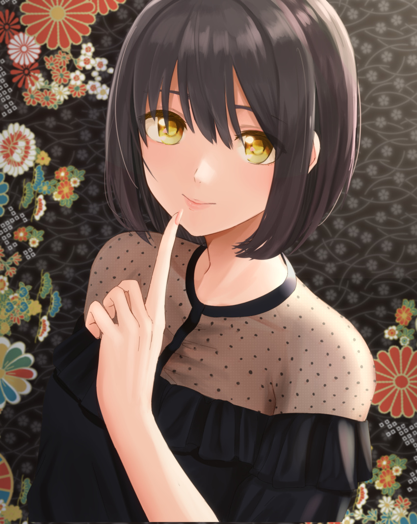 1girl, black_hair, breasts, finger_to_mouth, floral_background, highres, idolmaster, idolmaster_cinderella_girls