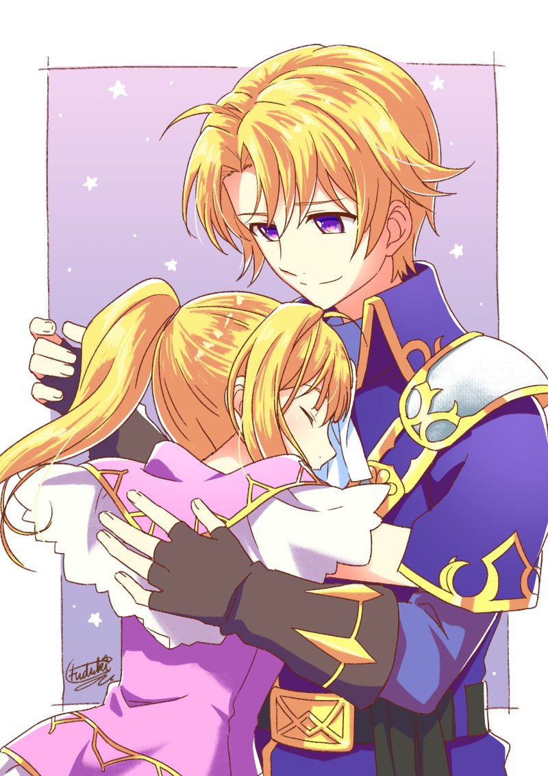 1boy, 1girl, blonde_hair, brother_and_sister, clarine, closed_eyes, fingerless_gloves, fire_emblem