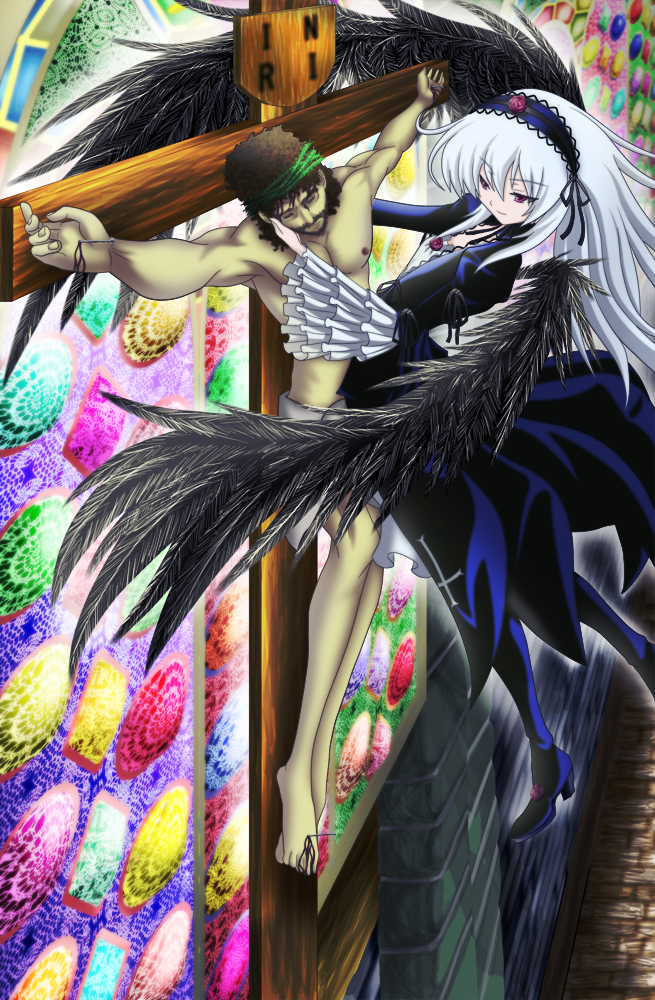 blood, cross, dress, frills, hairband, jesus, jesus_christ, long_hair, purple_eyes, rozen_maiden, silver_hair, suigintou, violet_eyes, wings, yuki_(pixiv89064), yukihanaok