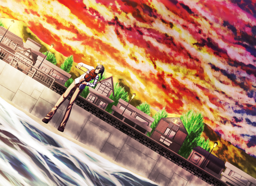 instrument, kuze_shuuichi, scenery, sunset, violin, water, yuki_(pixiv89064), yukihanaok