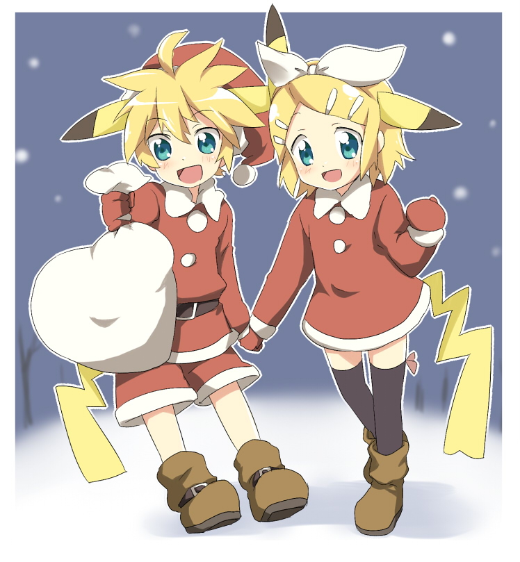 1boy, 1girl, :d, aqua_eyes, bad_id, blonde_hair, boots, brother_and_sister