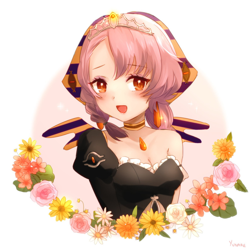 1girl, asymmetrical_hair, asymmetrical_sleeves, braid, flower, highres, mahou_shoujo_ikusei_keikaku, mahou_shoujo_ikusei_keikaku_jokers, orange_eyes, pink_hair, princess_quake, smile, solo, tiara, upper_body, yunare