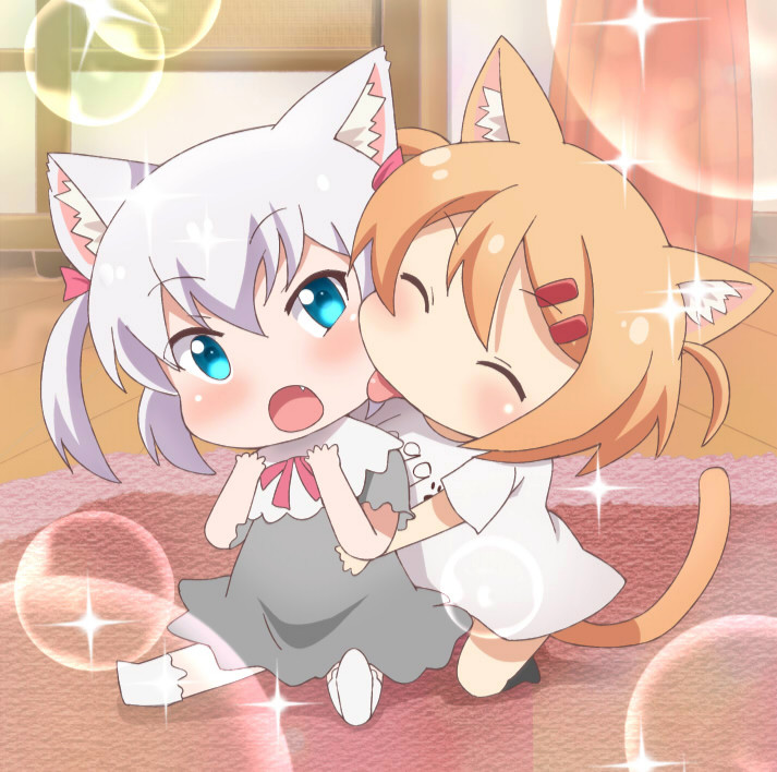 2girls, ^_^, animal_ears, banboro_(technobot), blue_eyes, blush, brown_hair, cat_ears