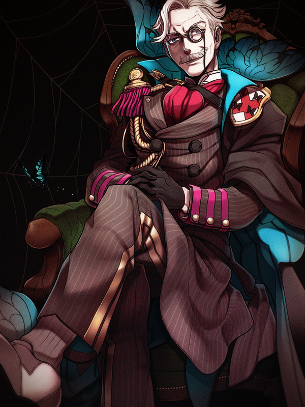 1boy, black_background, black_gloves, blue_eyes, butterfly, butterfly_wings, epaulettes, facial_hair
