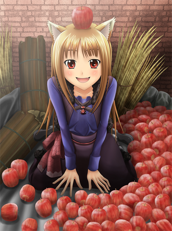 apple, apples, brown_hair, food, fruit, holo, long_hair, red_eyes