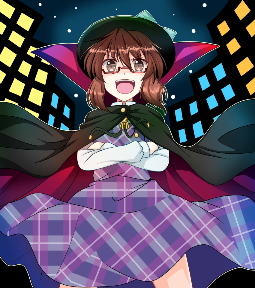 >:d, 1girl, :d, absurdres, bow, brown_eyes, brown_hair, cape