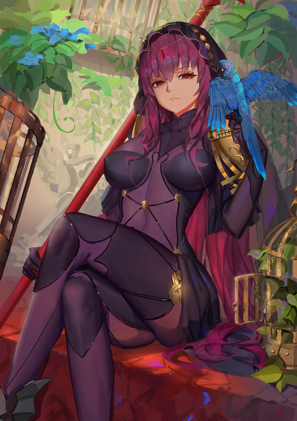 1girl, bird, bird_on_hand, birdcage, bodysuit, breasts, cage, closed_mouth, erect_nipples, fate/grand_order, fate_(series), gae_bolg, highres, holding, holding_weapon, large_breasts, legs_crossed, long_hair, looking_at_viewer, looking_down, parrot, plant, polearm, purple_hair, red_eyes, scathach_(fate/grand_order), sitting, sk_tori, solo, spear, veil, weapon