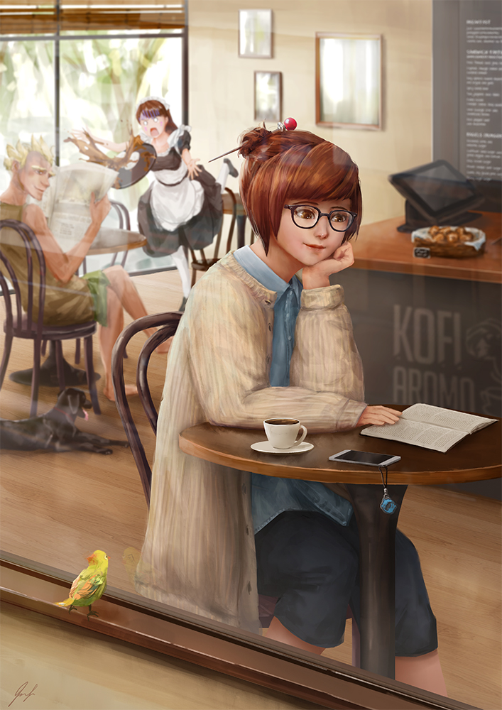 accident, apron, bangs, basket, bird, black-framed_eyewear, blinds, blonde_hair