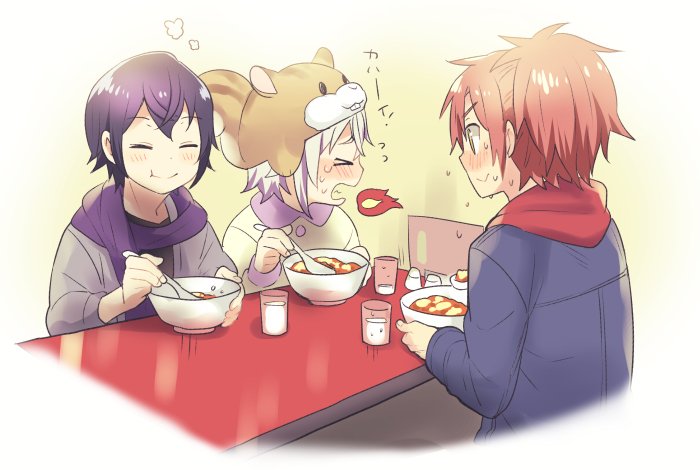 >_<, 3boys, amamiya_kanade, animal_hat, blush, bowl, buck_teeth, closed_eyes