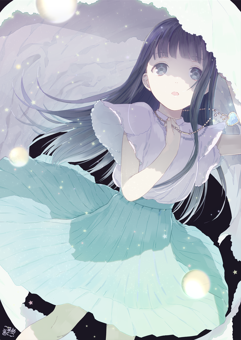 1girl, arm_up, black_background, commentary, hand_up, heart-shaped_pendant, jewelry, light_particles, long_hair, mosuko, necklace, open_mouth, original, pearl_necklace, pendant, purple_hair, signature, simple_background, skirt, solo, star, veil, violet_eyes