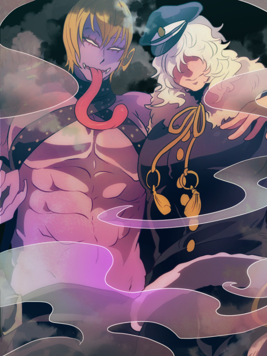 2boys, abs, arm_around_shoulder, blonde_hair, coat, demon_smog, fangs, hair_over_eyes, long_hair, long_tongue, looking_at_viewer, male_focus, maruboku, mon_mon_(show_by_rock!!), multiple_boys, no_pupils, purple_skin, short_hair, show_by_rock!!, smoke, tassel, tongue, white_hair