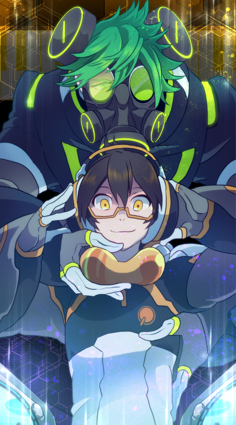 2boys, acidmond, brown_hair, djyksbeat, gas_mask, glasses, green_hair, headphones
