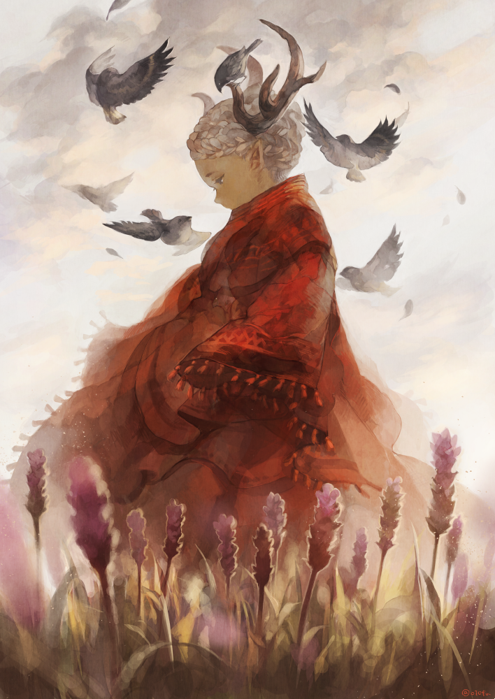 1girl, antlers, backlighting, bird, braid, clouds, commentary, dark_skin, fantasy, flower, french_braid, looking_down, muted_color, original, pointy_ears, profile, robe, short_hair, silver_hair, sky, solo, sunlight, twitter_username, yso_ac
