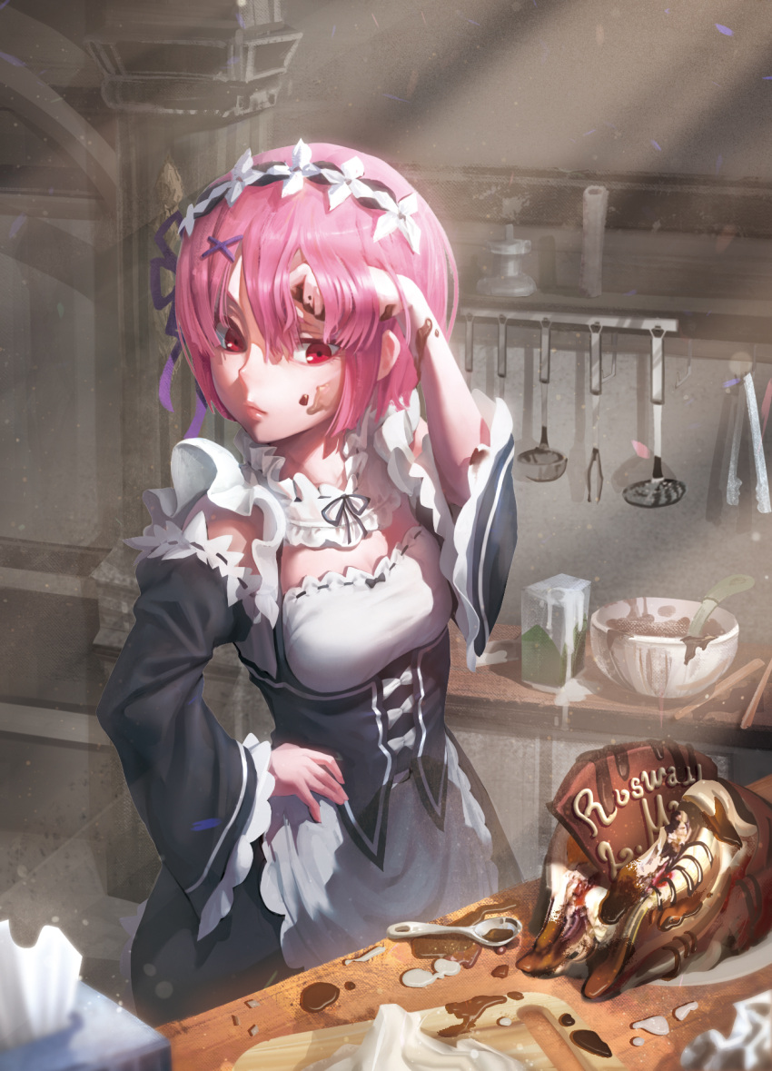 1girl, blurry, bowl, cake, chocolate, chocolate_cake, chocolate_syrup, closed_mouth