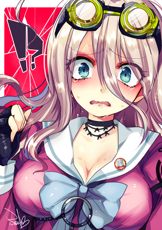 !?, 1girl, ahoge, barbed_wire, black_gloves, blue_eyes, blush, breasts