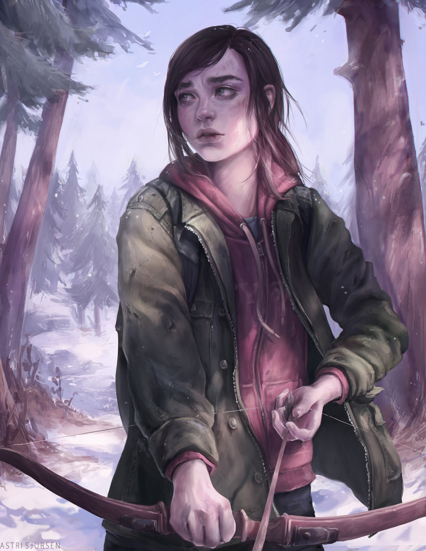 1girl, arrow, artist_name, astri_lohne_sjursen, bags_under_eyes, bangs, bird, bow_(weapon), brown_hair, clothes_writing, coat, day, drawing_bow, ellie_(the_last_of_us), forest, green_eyes, highres, holding, holding_weapon, hood, hoodie, long_hair, long_sleeves, nature, open_clothes, open_coat, outdoors, parted_lips, realistic, snow, solo, swept_bangs, the_last_of_us, tree, weapon