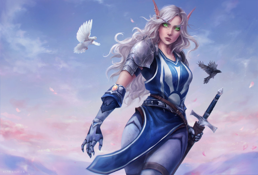 1girl, anniela_highguard, armor, artist_name, astri_lohne_sjursen, bangs, bird, blonde_hair