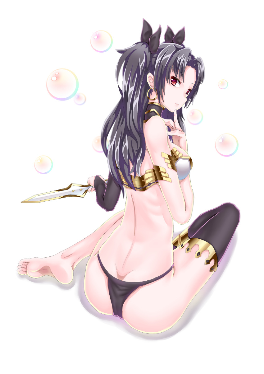 1girl, absurdres, ass, barefoot, black_hair, breasts, butt_crack, dagger