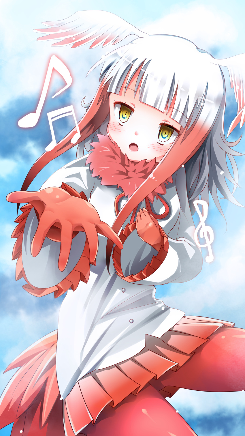 1girl, absurdres, bangs, bird_tail, blue_sky, blunt_bangs, blush, clouds
