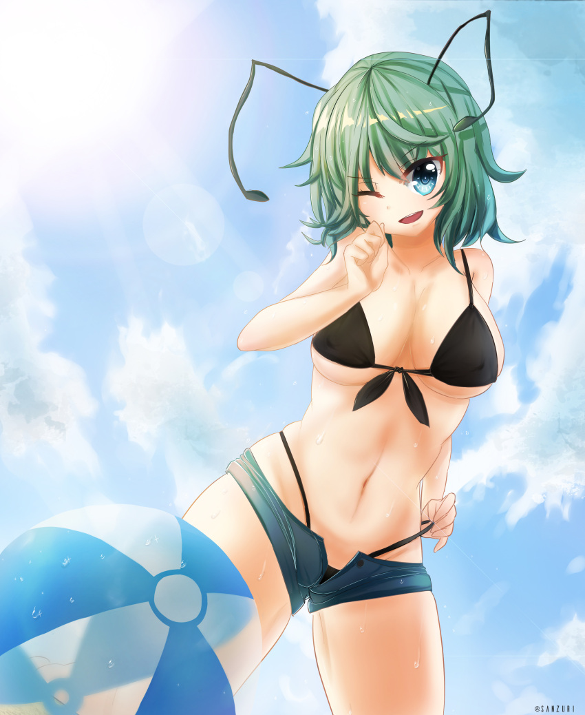 1girl, ;d, absurdres, antennae, arm_at_side, artist_name, ball, beachball