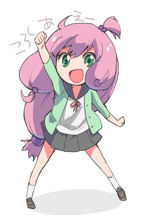 1girl, ahoge, fist_pump, gorugon, green_eyes, hair_bobbles, hair_ornament, jacket, loafers, long_hair, pink_hair, red_ribbon, ribbon, school_uniform, shinjou_kanae_(teekyuu), shoes, skirt, socks, teekyuu, translated