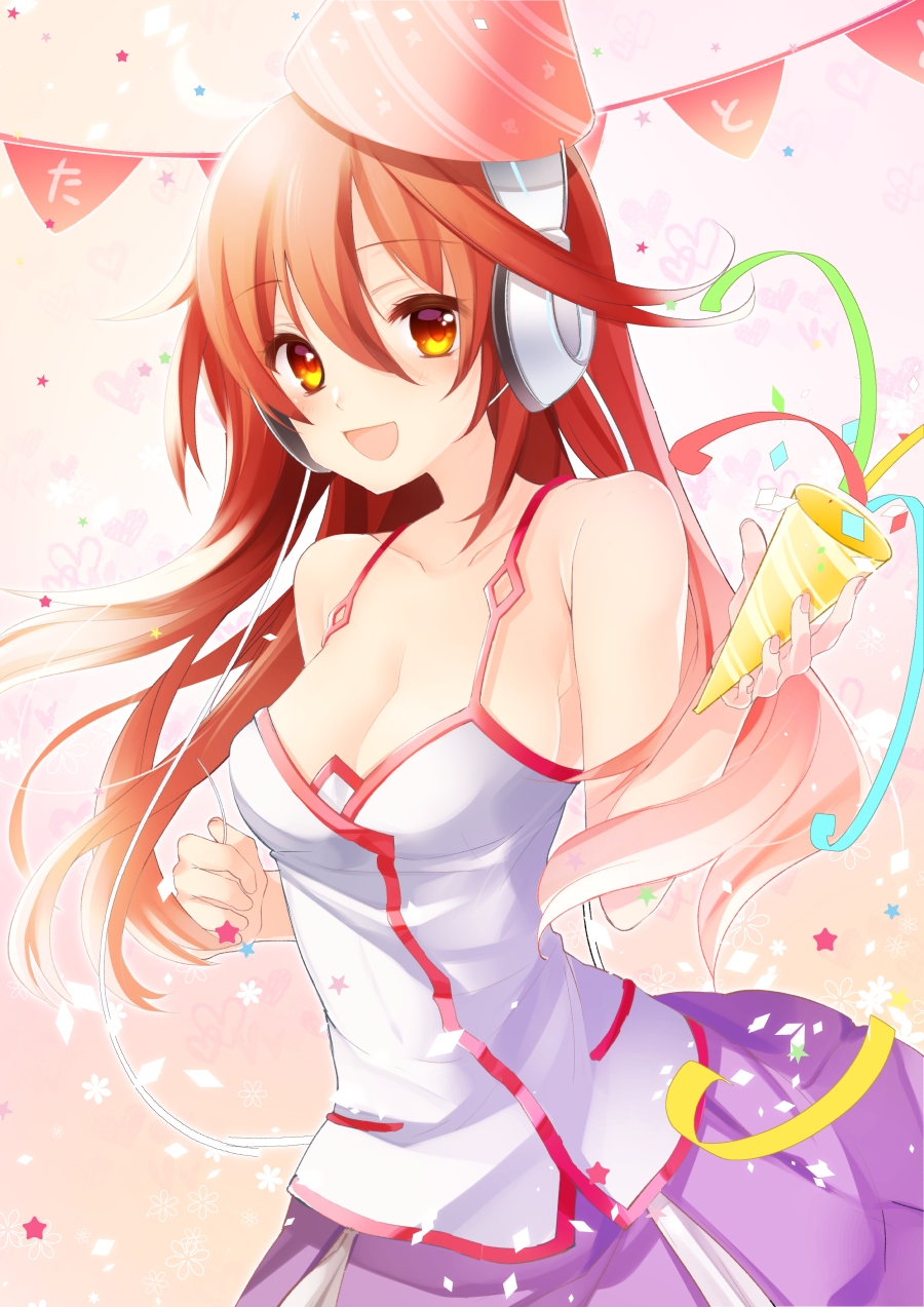1girl, blush, breasts, brown_eyes, brown_hair, headphones, highres, kokone_(vocaloid)