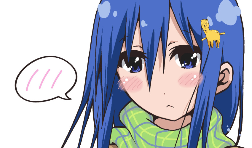 1girl, :<, alpaca_hair_ornament, bandou_marimo, blue_eyes, blue_hair, blush, commentary