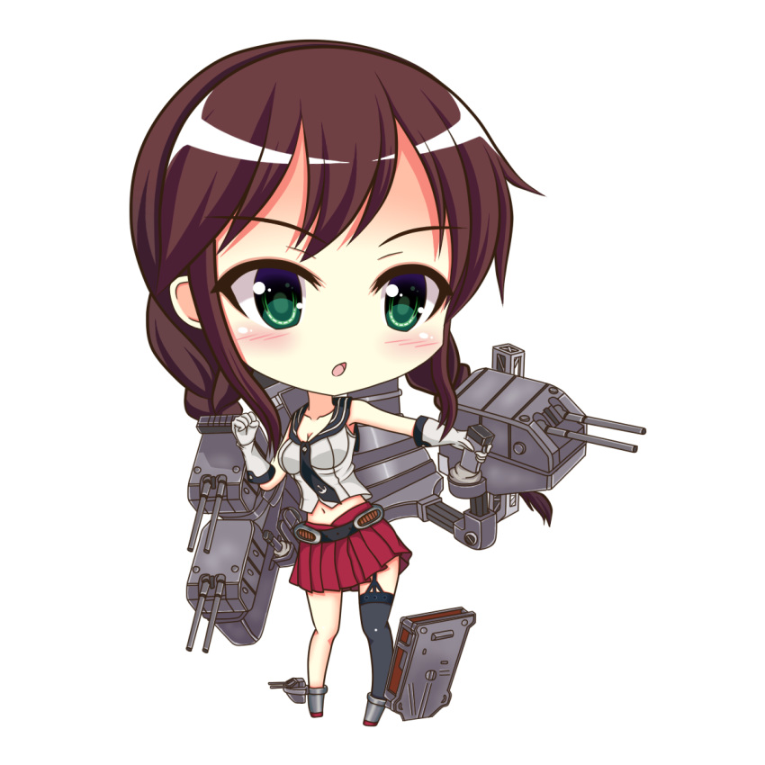 1girl, asymmetrical_legwear, braid, brown_hair, chibi, collarbone, gloves, green_eyes