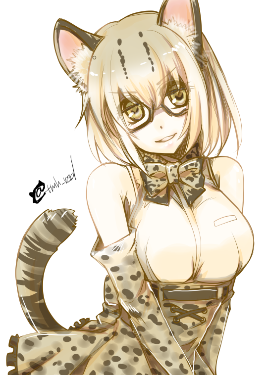 animal_ears, bow, bowtie, cat_ears, cat_tail, commentary_request, fang, glasses
