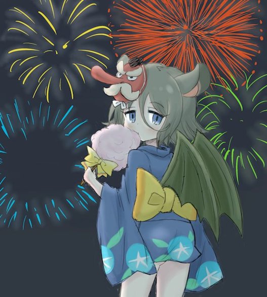 1girl, :t, alternate_costume, animal_ears, bat_ears, bat_wings, blue_eyes, bow