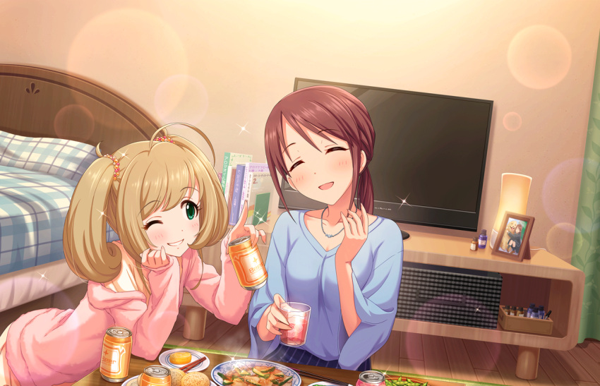 2girls, ahoge, alcohol, artist_request, bangs, bed, beer, beer_can