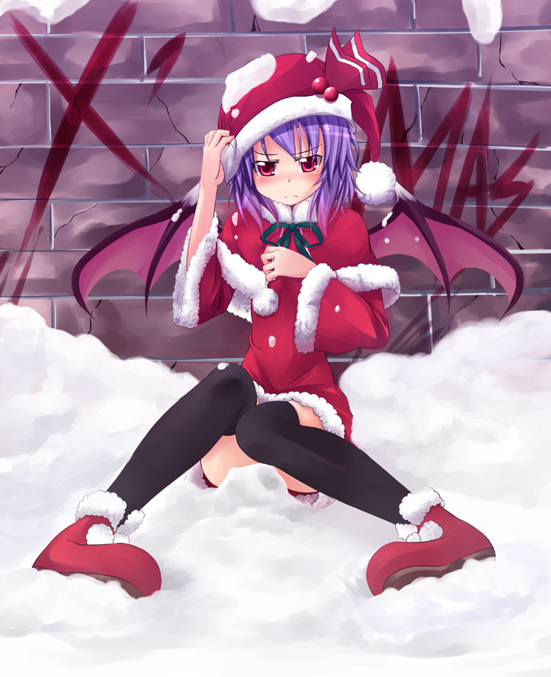 christmas, demon_wings, makino_(artist), makino_(ukiuo), mantelet, purple_hair, red_eyes, remilia_scarlet
