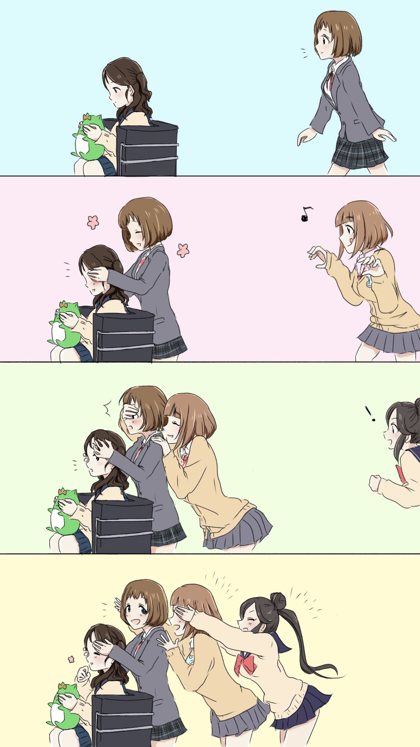 4girls, 4koma, absurdres, artist_request, ayase_honoka, black_hair, blue_eyes, brown_eyes
