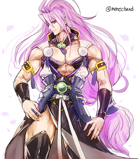 1boy, lavender_hair, male_focus, muscle, sengo_muramasa_(touken_ranbu), smile, touken_ranbu, twitter_username