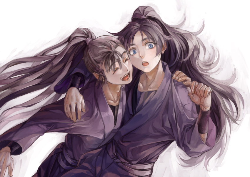 2boys, :d, :o, absurdres, arm_around_shoulder, blue_eyes, brown_hair, clenched_hand, closed_eyes, highres, kinoko1108, kukuchi_heisuke, long_hair, looking_at_viewer, male_focus, multiple_boys, ohama_kan'emon, open_mouth, ponytail, rakudai_ninja_rantarou, smile, standing