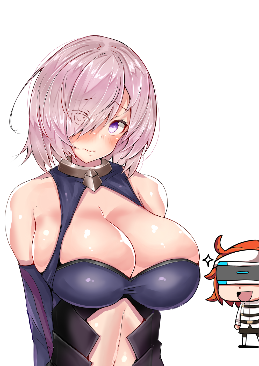 ahoge, bare_shoulders, bodysuit, breasts, chibi, cleavage, elbow_gloves, embarrassed, eyebrows_visible_through_hair, fate/grand_order, fate_(series), fujimaru_ritsuka_(female), gloves, hair_over_one_eye, highres, huge_breasts, looking_at_viewer, navel, open_mouth, pink_hair, redhead, riyo_(lyomsnpmp)_(style), sankakusui_(deltawhite), shielder_(fate/grand_order), short_hair, simple_background, skindentation, violet_eyes, vr_visor, white_background