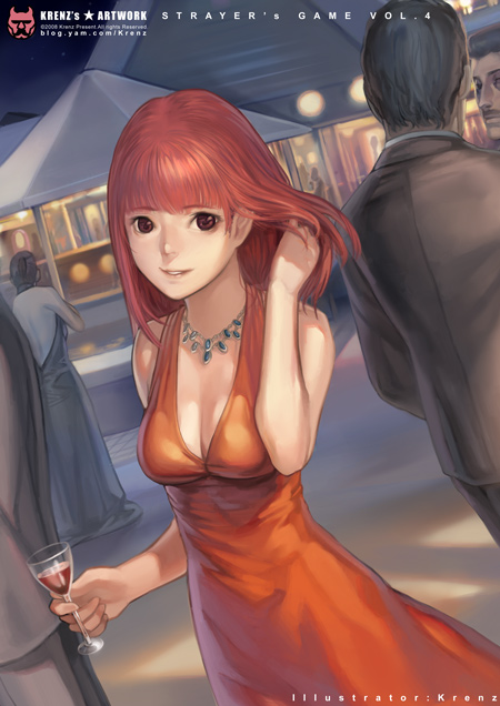bad_id, bare_shoulders, breasts, brown_eyes, cleavage, cup, cups, dress, dutch_angle, face, hair_flip, jewelry, krenz, long_hair, necklace, original, party, party_dress, red_hair, redhead, smile, wine, wine_glass