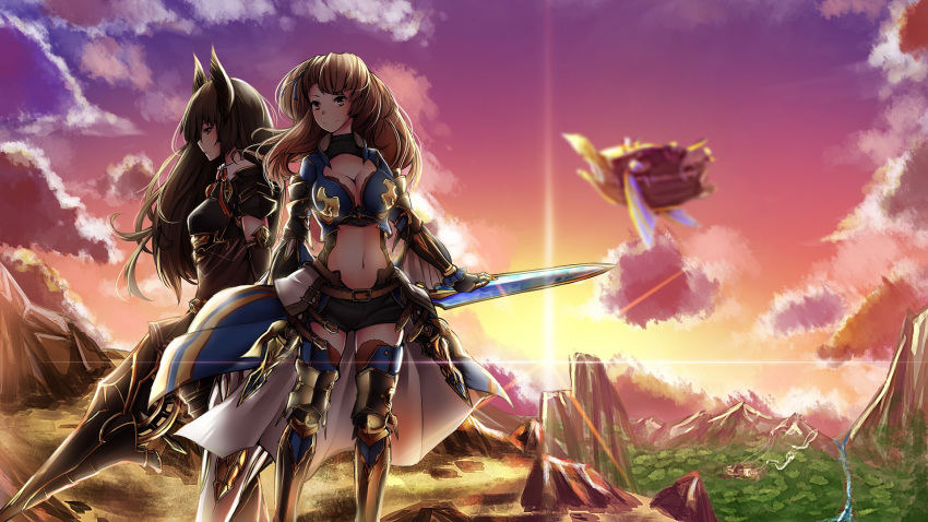 2girls, airship, armor, bangs, beatrix_(granblue_fantasy), black_dress, black_hair, blurry