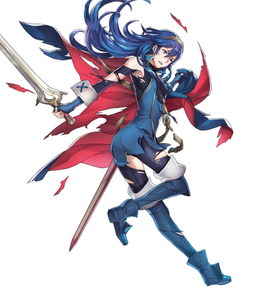 1girl, armpits, blue_eyes, blue_hair, breasts, cape, fingerless_gloves, fire_emblem, fire_emblem:_kakusei, fire_emblem_heroes, full_body, gloves, highres, holding, holding_weapon, jewelry, long_hair, lucina, maiponpon, official_art, scabbard, sheath, shoes, small_breasts, solo, sword, thigh-highs, tiara, torn_clothes, transparent_background, weapon, wrist_cuffs