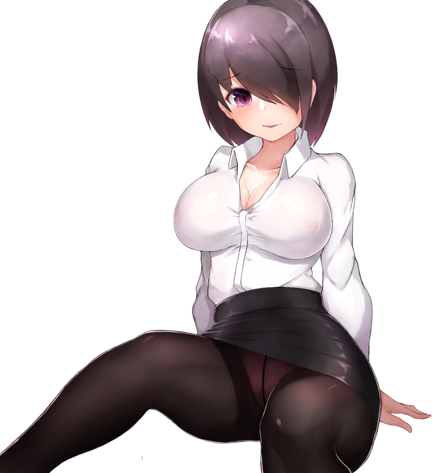 1girl, absurdres, arms_at_sides, black_skirt, boruhis, breasts, brown_legwear, cleavage