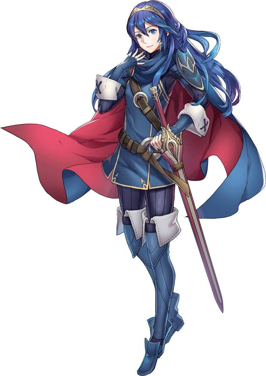 1girl, absurdres, belt, blue_eyes, blue_hair, cape, fingerless_gloves, fire_emblem, fire_emblem:_kakusei, fire_emblem_heroes, full_body, gloves, highres, jewelry, long_hair, looking_at_viewer, lucina, maiponpon, official_art, sheath, smile, solo, standing, sword, tiara, transparent_background, weapon, wrist_cuffs