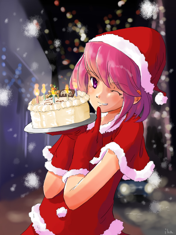 capelet, food, ika_soumen, osu!_tatakae!_ouendan, ouendan, pastry, pink_eyes, pink_hair, santa_costume, shirosaki_rin, wink